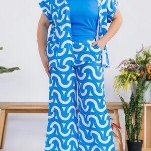 Blue Geometric Women's 3 pc Pants Set